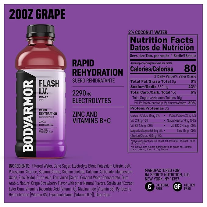 BODYARMOR Flash I.V. Electrolyte Beverage, Grape, Hydration Drink with Coconut Water For Rapid Rehydration, Post Workout Recovery, 20 Fl Oz (Pack of 12)