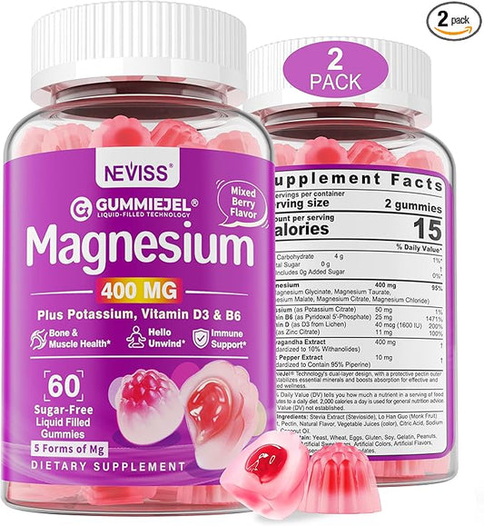Sugar-Free Magnesium Gummies 400mg | 5-in-1 Complex Magnesium: Glycinate, Citrate, Malate, Chloride & Taurate | with Ashwagandha, Vitamin D3 & Zinc | Muscle, Mood & Energy Support | Vegan, 2-Pack