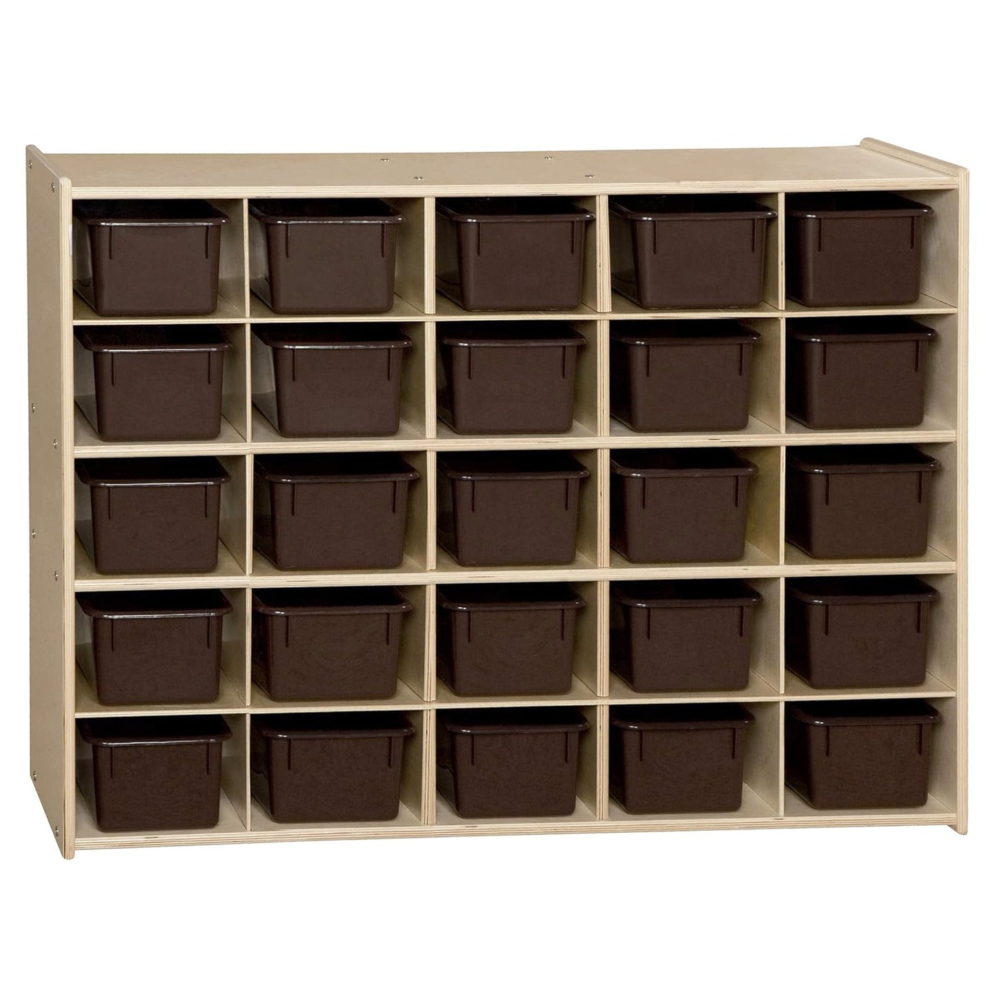 Contender Birch 25 Cubby Tray Cabinet with Brown Color Bins, Toy Storage Organizer for Toddlers, Shelving Units for Kindergarten, Daycare, Nursery, Homeschool