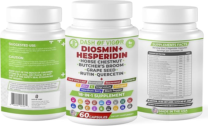 Dash of Vigor 18-in-1 Diosmin Hesperidin Supplement, Quercetin with Bromelain, Zinc, Vitamin C with Rutin Supplement, Horse Chestnut Extract, Butcher's Broom Extract, USA, 60 Capsules