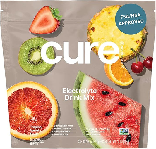 Cure Hydration | Plant-Based Electrolyte Drink Mix | No Added Sugar | Dehydration Relief Powder Made with Coconut Water | Non-GMO | Vegan | 28 Packets - Tropical Variety Pack