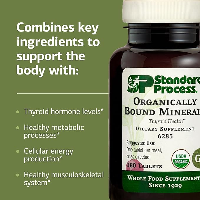 Standard Process Organically Bound Minerals - Supports Thyroid Function & Nervous System Health - Contains Iodine from Alfalfa & Kelp - Gluten-Free, Non-Dairy & USDA Organic - 180 Tablets