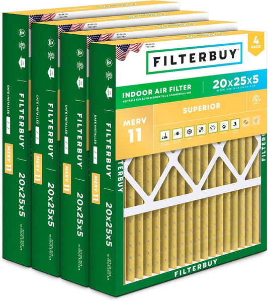 Filterbuy 20x25x5 Air Filter MERV 11 Superior Pet & Allergy Defense (4-Pack), Pleated HVAC AC Furnace Filters for Honeywell FC100A1037, Lennox X6673, and More (Actual Size: 19.88 x 24.75 x 4.38)
