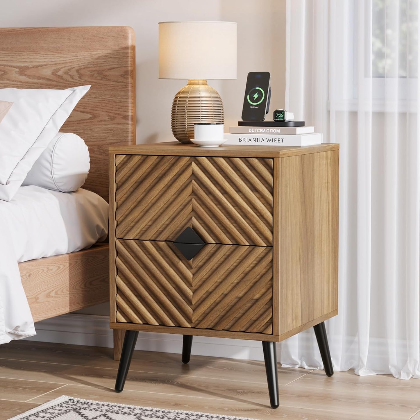 Nightstands, Walnut Night Stand with Diamond-Patterned Drawer Decor, Mid Century Modern Nightstand, Bedside Table with Diamond Handle, End Tables Bedroom with Metal Legs, Night Stand for Bedroom
