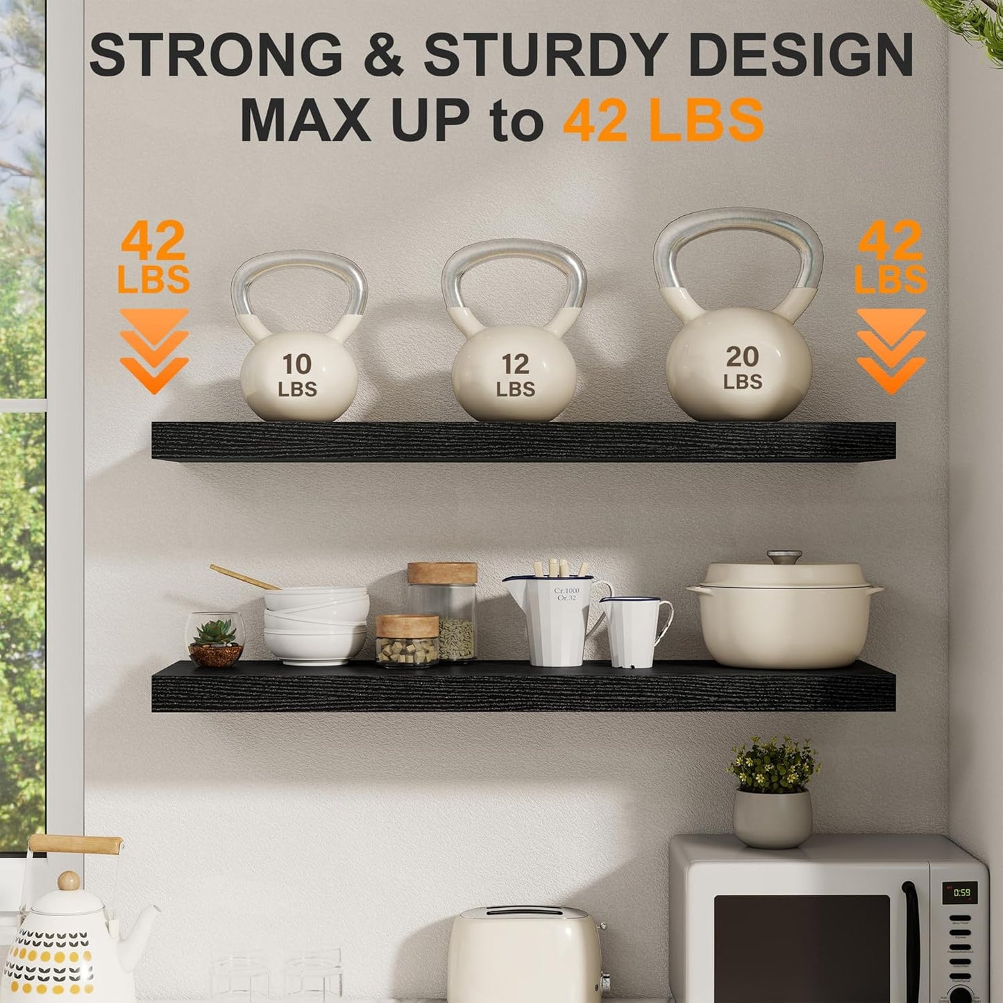 Fun Memories 40 Inch Floating Shelves Set of 2, 8 Inch Deep Wall Shelf, Rustic Wood Storage Shelves for Bedroom, Kitchen, Bathroom, Wall-Mounted Shelf with Invisible Brackets for Books|Storage Black