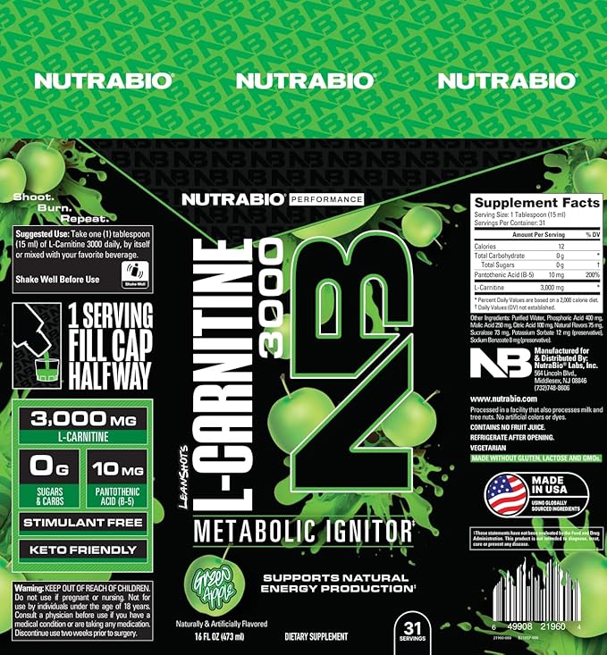 NutraBio – L-Carnitine Liquid Shots – 3000mg, (Green Apple) – 10mg of Vitamin B-5 – Zero Carbs & Sugars – Energy Production – Muscle Recovery