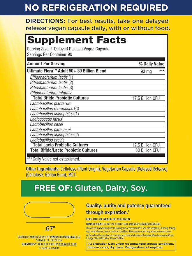 Renew Life Probiotic Adult 50 Plus Probiotic Capsules, Daily Supplement Supports Urinary, Digestive and Immune Health, L. Rhamnosus GG, Dairy, Soy and gluten-free, 30 Billion CFU, 90 Count