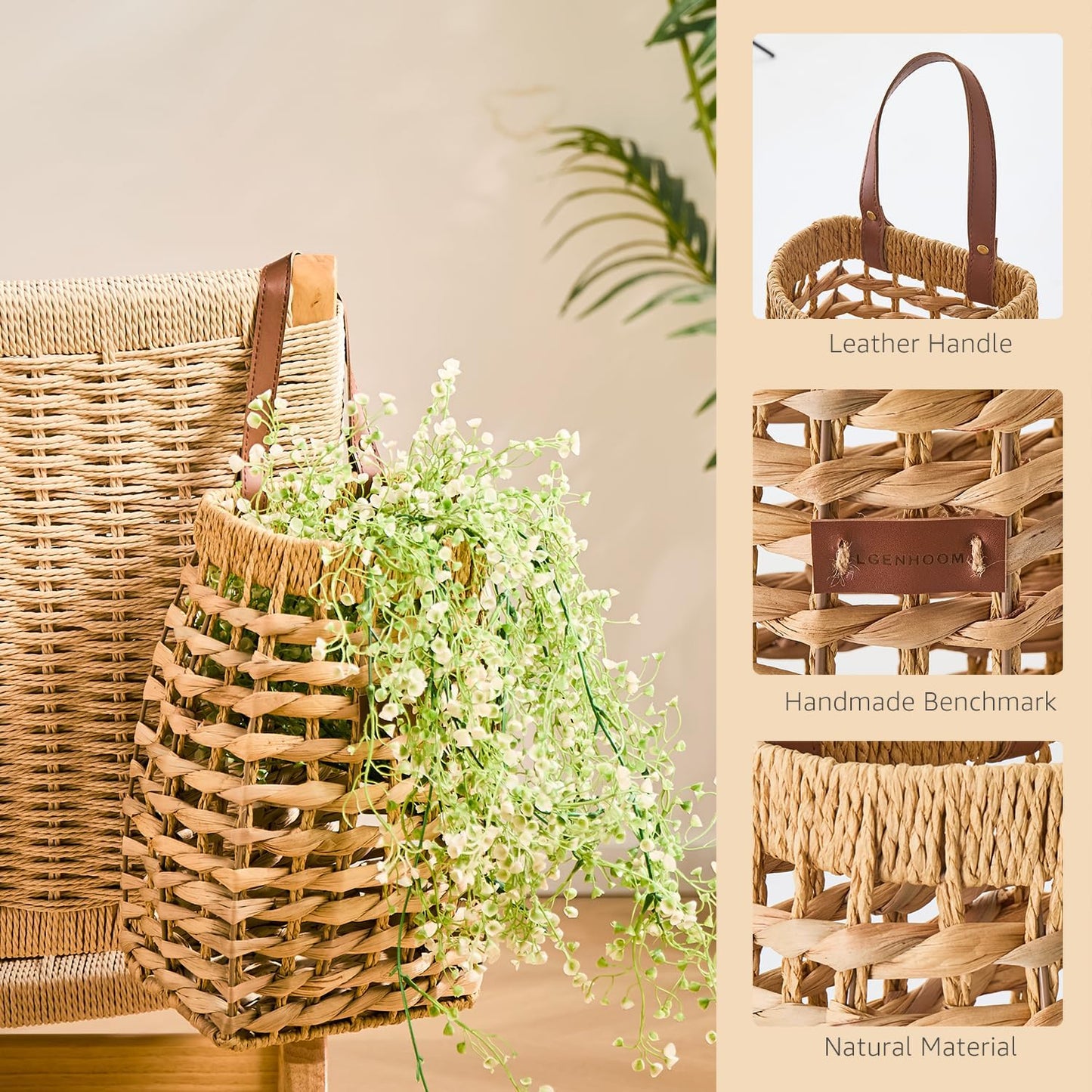 Woven Front Door Basket Water Hyacinth Wall Hanging Basket Decorative Boho Mounted Organizer for Dried Flower Plants Storage Basket for Garden, Home, and Farmhouse Décor (C_Hyacinth)