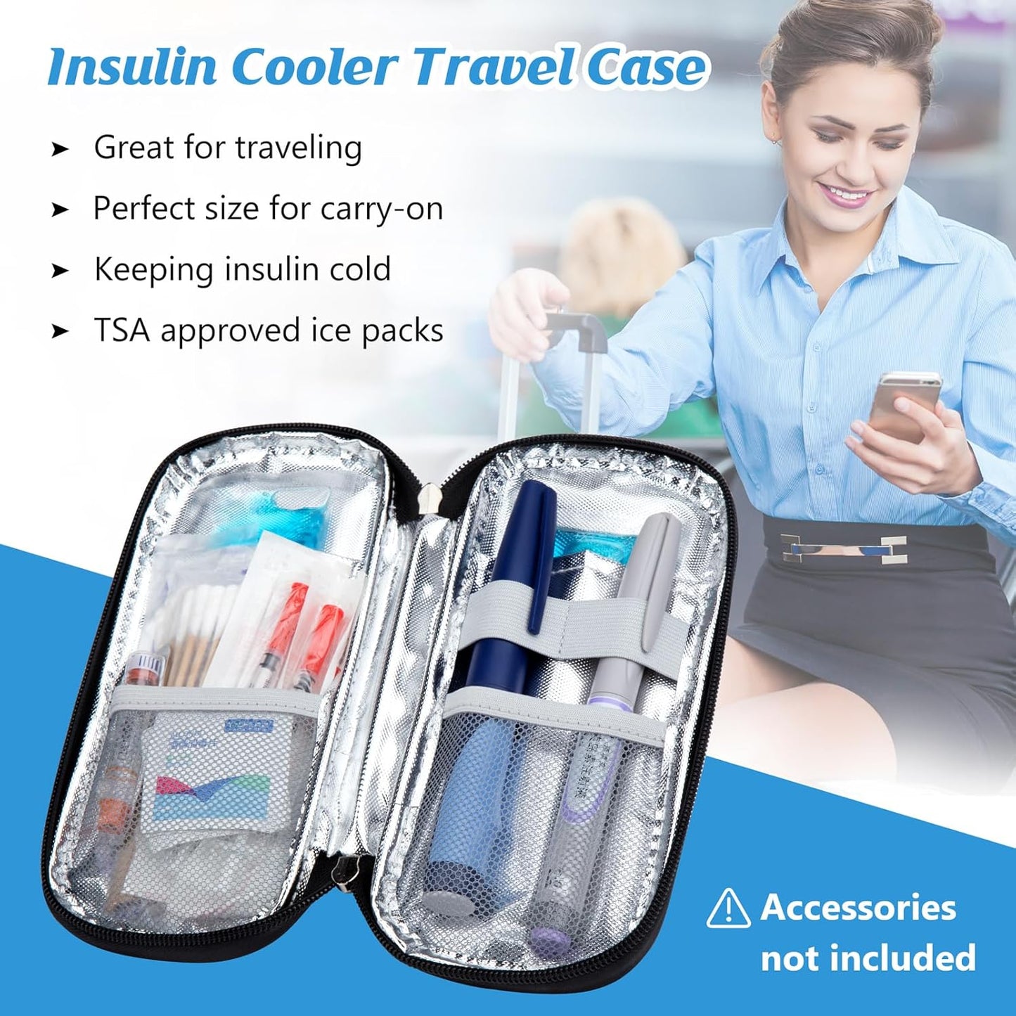 YOUSHARES Insulin Cooler Travel Case - Diabetic Case Insulated Organizer Portable Cooling Bag for Insulin Pen and Medication Diabetic Care Supplies with 2 TSA Approved Ice Pack