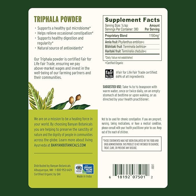 Banyan Botanicals Triphala Powder - Organic Digestion Supplement with Amla, Haritaki & Bibhitaki – Digestion, Colon Support & Healthy Gut Microbiome* – 1 lb – Non-GMO Sustainably Sourced Vegan