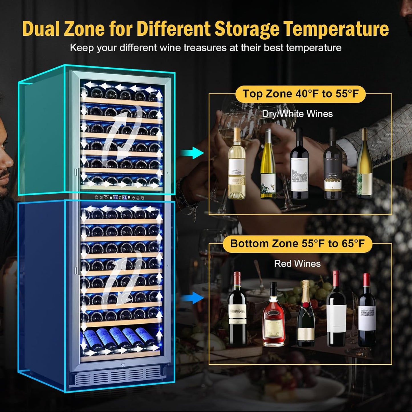 Wine Cooler Refrigerator 24 Inch, 180 Bottles Large Wine Fridge Dual Zones, Tall Freestanding/Built-in Wine Cellar Professional with Reversible Door Sliding Rail Shelves