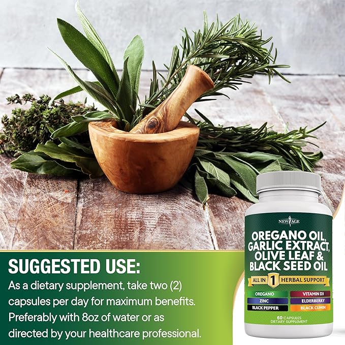 NEW AGE Oregano Oil Garlic Extract Olive Leaf with Astragalus - Supplement for Women and Men - 120 Count