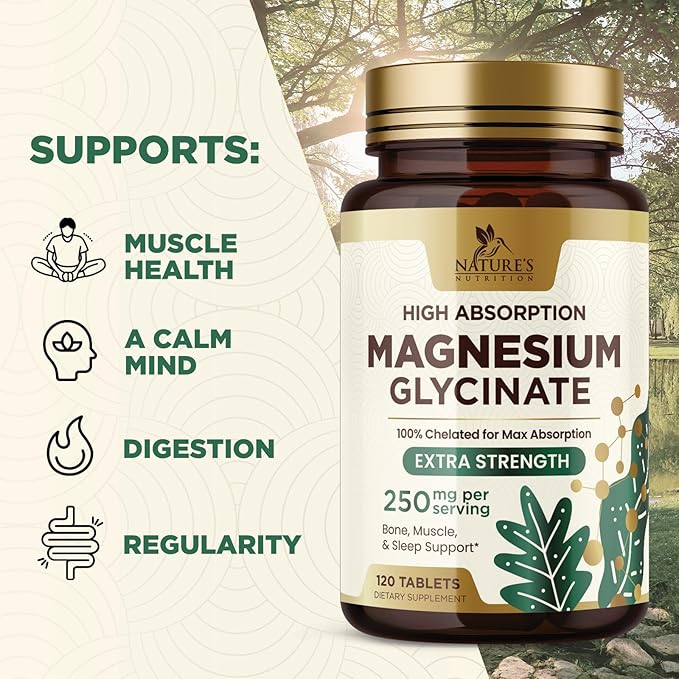 Magnesium (Glycinate) - Magnesium Supplement for Heart Health, Nerve, Muscle, Bone, and Sleep Support - 100% Chelated & High Absorption - 250 mg per Serving - Gluten Free, Vegan, Non-GMO - 120 Count