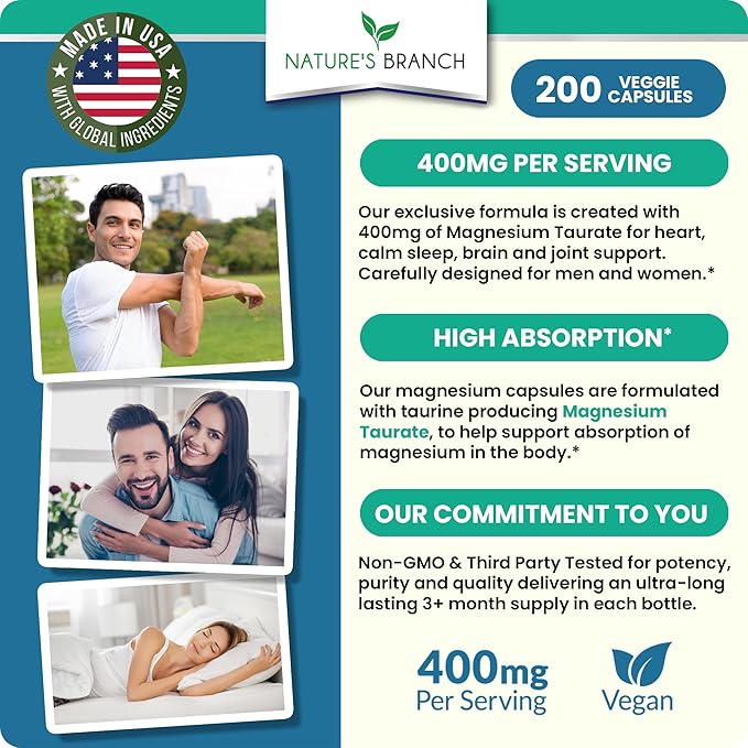 Magnesium Taurate 400mg - 200 Capsules - High Absorption for Sleep, Heart Health, Calm, Joint Supplement for Women and Men - Made in USA, Pure Elemental Mag Powder Plus Taurine - Extra Strength Pills