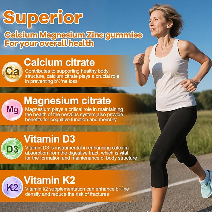 Calcium Magnesium Zinc Gummies for Adult: Organic 1000mg Calcium Citrate Magnesium Supplement with D3 B12 - Sugar Free High Absorption Supplement for Women Men (60 Count(Pack of 2))