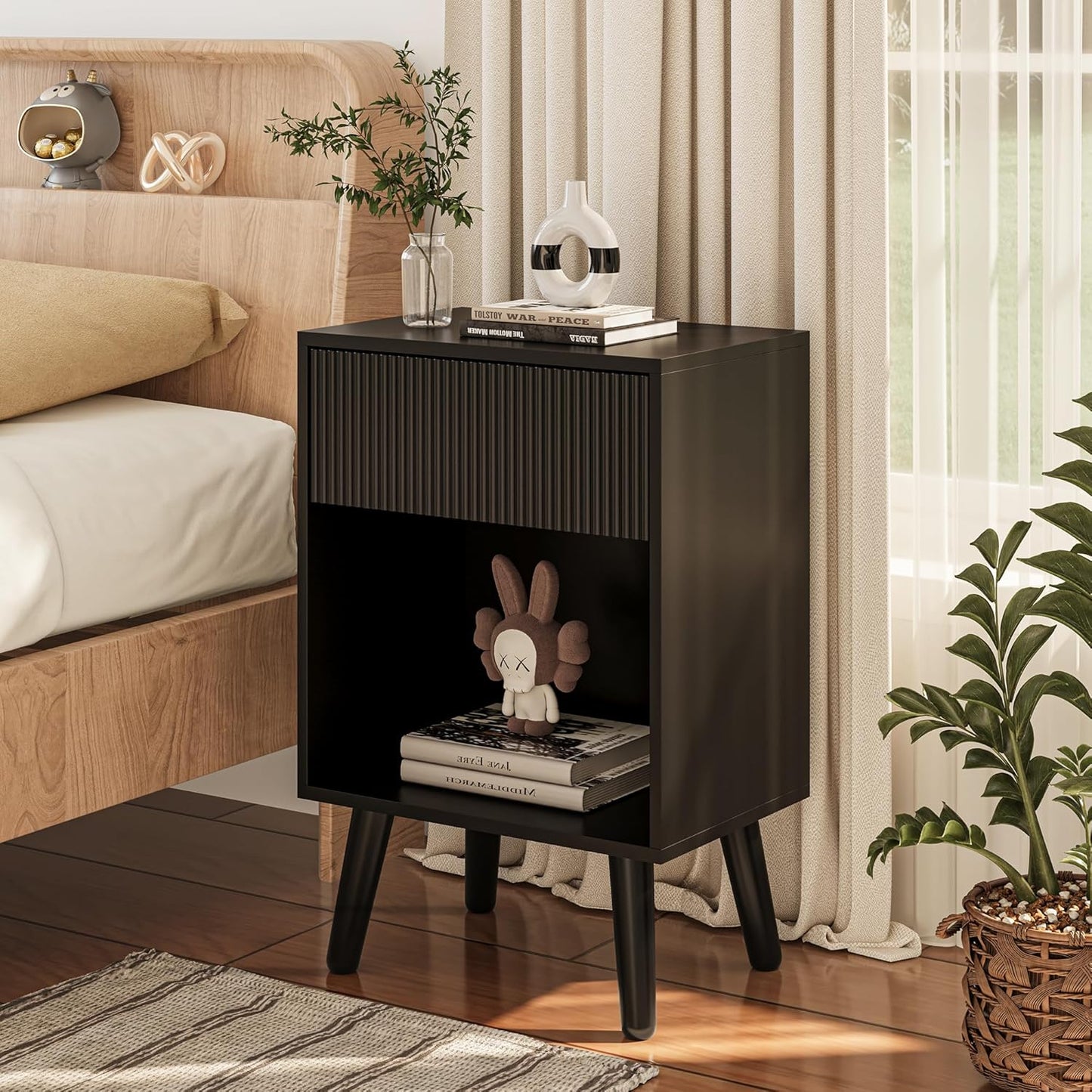 Nightstand, Modern Bedside Table with Storage Drawers and Open Wood Shelf, Night Stand with Solid Wood Legs, End Tables Side Tables for Living Room, Bedroom Black