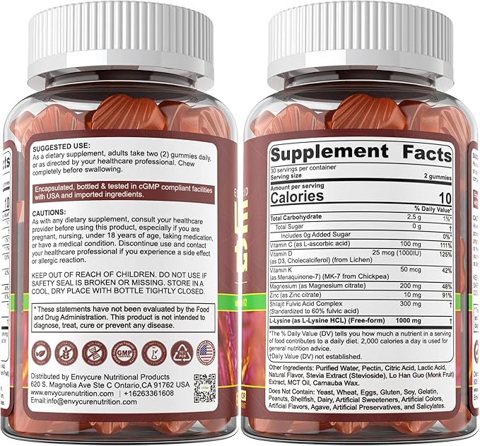 L-Lysine 1000mg/500mg Cold Sore Gummies for Adults & Kids 9+ | w/Vitamin D3, K2, C, Zinc & Magnesium | Chewable Lysine Gummy Amino Acid Supplements for Lips, Immune & Bone Health, Sugar Free, 120Cts
