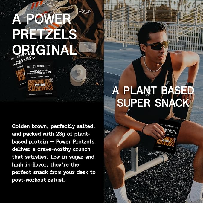 Power Pretzels High Protein Pretzel Sticks, Vegan Friendly and Plant-Based with 23g Protein per Bag, Savory and Crunchy Low Calorie Snack for Active Adults, Great for Gym, Work, or On-the-Go, 2 oz (6 Pack)