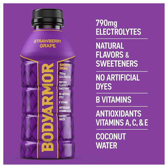 BODYARMOR Sports Drink Sports Beverage, Strawberry Grape, Coconut Water Hydration, Natural Flavors With Vitamins, Potassium-Packed Electrolytes, Perfect For Athletes, 16 Fl Oz (Pack of 12)