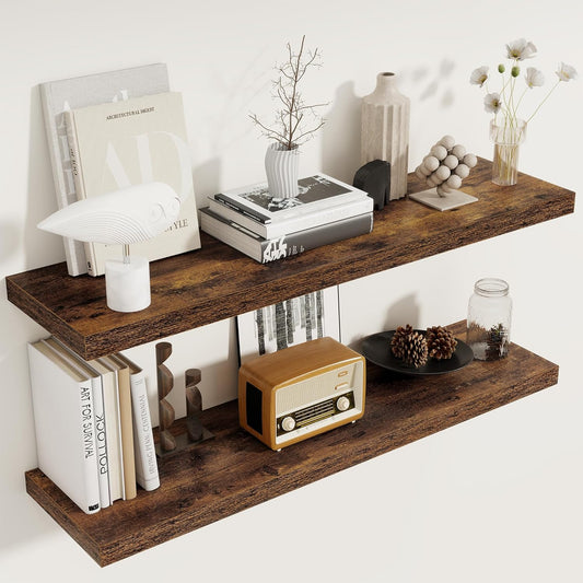 40 Inch Floating Shelves Set of 2, 8 Inch Deep Wall Shelf, Rustic Wood Storage Shelves for Bedroom, Kitchen, Bathroom, Wall-Mounted Shelf with Invisible Brackets for Books|Storage, Rustic Brown