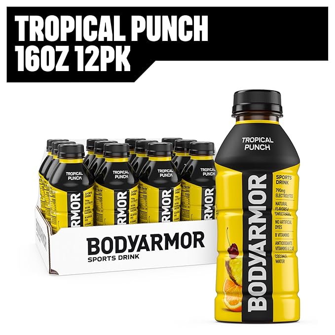 BODYARMOR Sports Drink Sports Beverage, Tropical Punch, Coconut Water Hydration, Natural Flavors With Vitamins, Potassium-Packed Electrolytes, Perfect For Athletes, 16 Fl Oz (Pack of 12)
