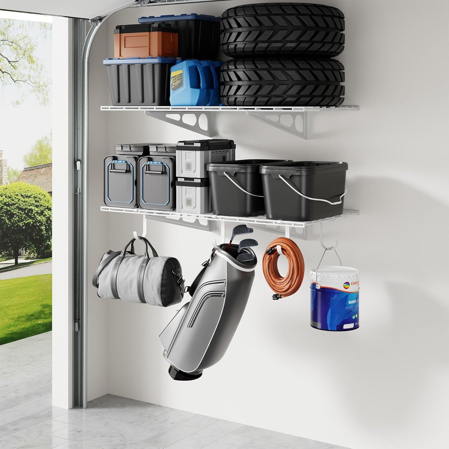 LEXIMOUNTS 2-Pack 2x4ft Garage Shelving with Hooks, 24-inch-by-48-inch Wall Shelf Garage Storage Racks Floating Shelves, White, Classic Series