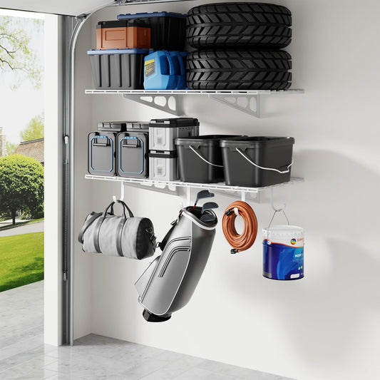 LEXIMOUNTS 2-Pack 2x4ft Garage Shelving with Hooks, 24-inch-by-48-inch Wall Shelf Garage Storage Racks Floating Shelves, White, Classic Series