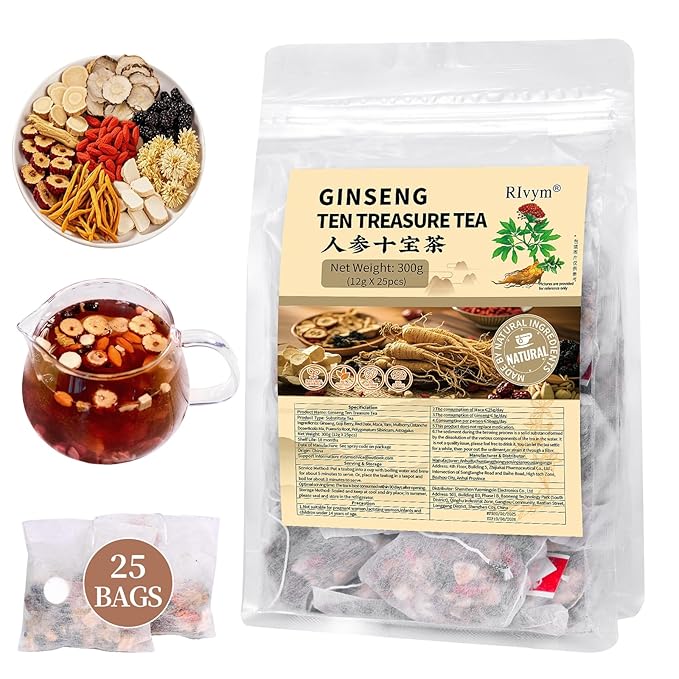 25Pcs Ginseng Ten Treasures Tea, Chinese Traditional Kidney Care Herbal Tea, Natural Kidney Cleanse Detox Tea for Women & Men, 10 Precious Ingredients Formula(25Bags, 300g)