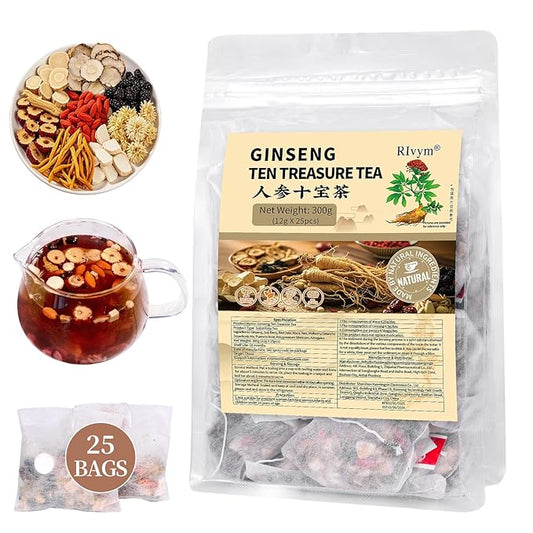 25Pcs Ginseng Ten Treasures Tea, Chinese Traditional Kidney Care Herbal Tea, Natural Kidney Cleanse Detox Tea for Women & Men, 10 Precious Ingredients Formula(25Bags, 300g)