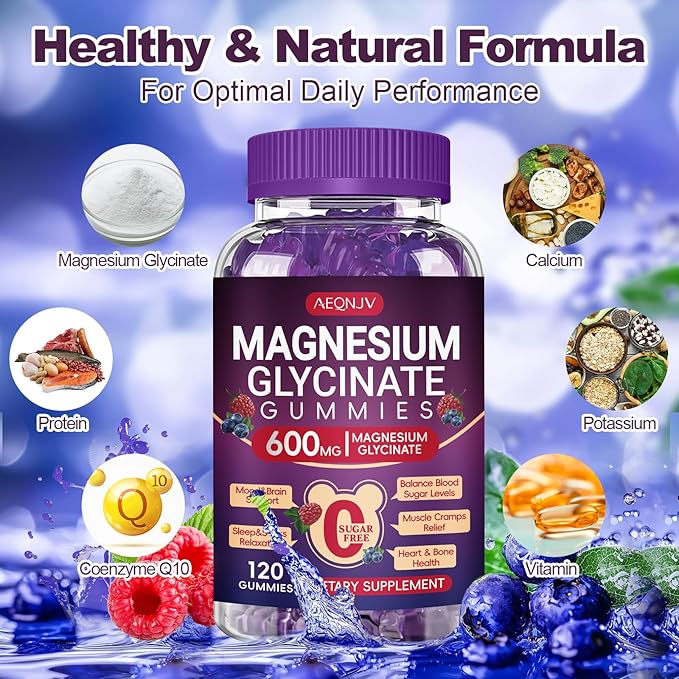 Magnesium Glycinate Gummy 600mg, Chewable Sugar Free Potassium Magnesium Gummy for Sleep, Body Support and Relaxation, Magnesium Supplements with Vitamin D, B6, and CoQ10 for Men & Women