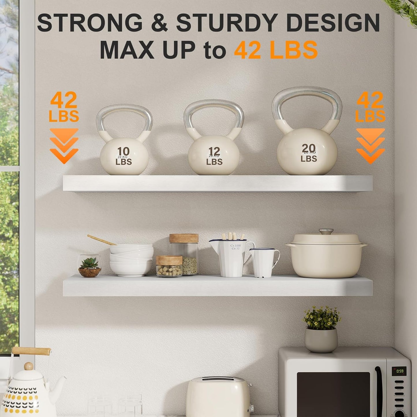 Fun Memories 40 Inch Floating Shelves Set of 2, 8 Inch Deep Wall Shelf, Rustic Wood Storage Shelves for Bedroom, Kitchen, Bathroom, Wall-Mounted Shelf with Invisible Brackets for Books|Storage, White