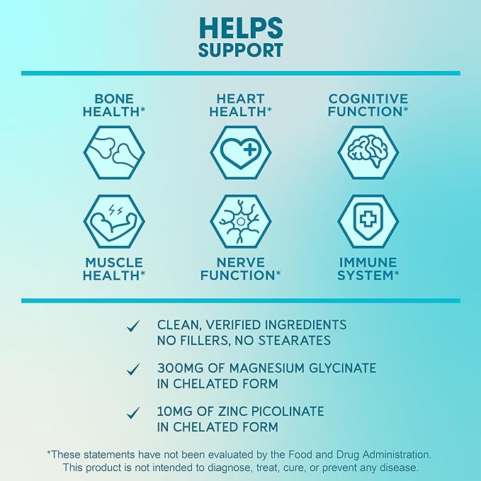 BioEmblem Magnesium Glycinate with Zinc - 300mg Chelated Magnesium Supplement - High Absorption Vegan Non-GMO 2-in-1 Complex - Immune Support, Muscles, Nerves - 90 Capsules