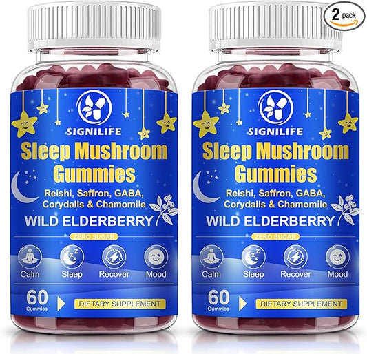 Sleep Mushroom Gummies with Reishi & Lions Mane -Natural Sleep Aid & Relaxation Supplement, Wild Elderberry Flavor, Non-GMO, No Sugar, 120 Count