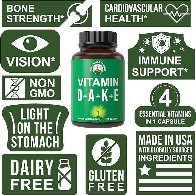 DAKE Vitamin Supplement. Essential Vitamins D 5,000 iu + A + K + E All In 1 Easy to Swallow Vegan Capsule. ADK Vitamin Supplement With E D3 K2. Essential Vitamins For Mood, Immune, Bone, Vision, Heart