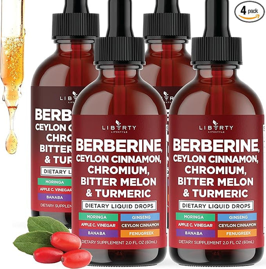 Berberine with Ceylon Cinnamon Supplement Liquid Drops + Bitter Melon Extract, Glucomannan, Gymnema, Chromium, Turmeric, Panax Ginseng, Moringa- 8 OZ