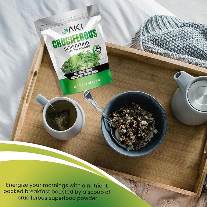 AKI Cruciferous Superfood Green Mix Powder - Made from Kale, Broccoli, Brussels Sprouts, Cabbage - Packed with Essential Phytonutrients & Vitamins ((16oz/454g))