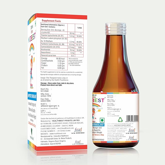 Kidbest Appetite Booster for Kids 3-13 Yrs with 20+ Nutrients, L-Lysine & B Vitamins Syrup, Helps Healthy Weight Gain, Pineapple Flavor, Increases Hunger, Appetite Stimulant, 200ml