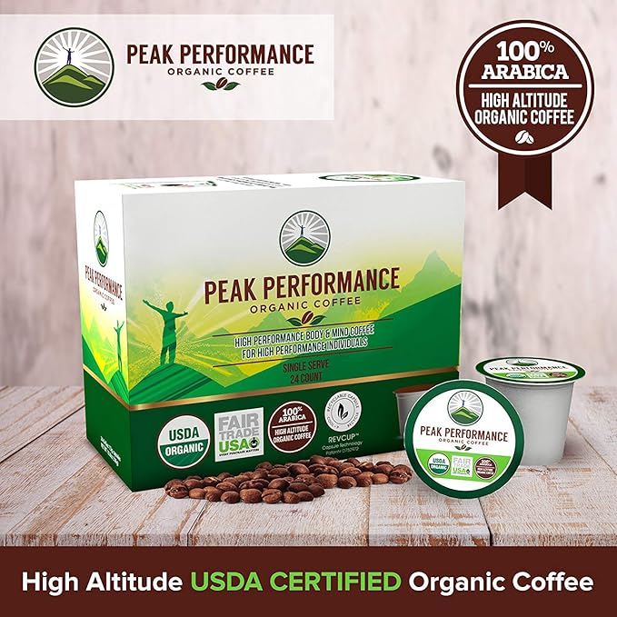 USDA Organic Coffee Pods. Compatible With K-CUP And Keurig Machines. High Altitude USDA Organic Coffee. Fair Trade Low Acid Beans Medium Roast Single Serve 24 Count Recyclable Cups For High Performers