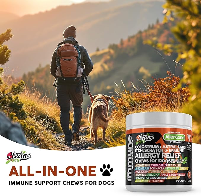 Dog Allergy Relief Chews | Itchy Skin Relief for Dogs | Colostrum Astralagus Omega 3 Bee Pollen Bromelain Echinacea Nettle Leaf Quercetin Licorice Root Spirulina ACV Immune - Pack of 1