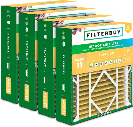 Filterbuy 24x25x5 Air Filter MERV 11 Superior Pet & Allergy Defense (4-Pack), Electrostatic Pleated HVAC AC Furnace Filters for Carrier FILXXCAR0024, Maytag & More (Actual Size: 23.63 x 24.69 x 4.25)