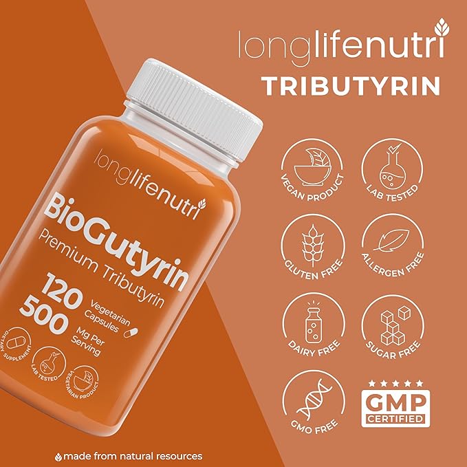 BioGutyrin – Tributyrin 500mg, Postbiotic Supplement for Gut Function & Nutrient Absorption, 120 Vegetarian Capsules, Butyric Acid for Butyrate Production, 4-Month Supply, GMP Certified, Made in USA