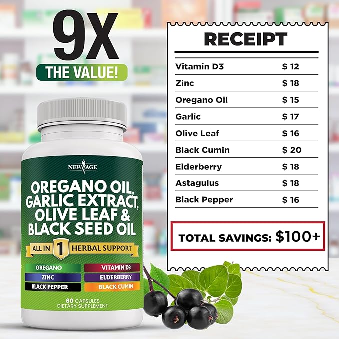 NEW AGE Oregano Oil Garlic Extract Olive Leaf with Astragalus - Supplement for Women and Men - 120 Count