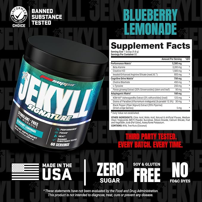 PROSUPPS Dr. Jekyll Signature Pre Workout Powder with Creatine - Stim-Free Preworkout Supports Focus & Endurance - Caffeine-Free Gym & Fitness Supplements (Blueberry Lemonade, 60 Servings)
