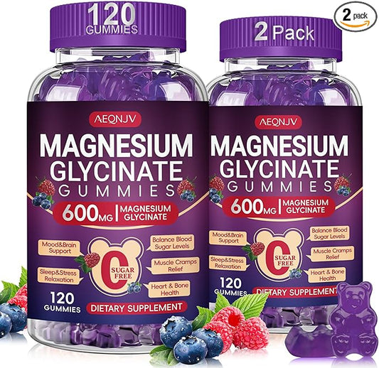 Magnesium Glycinate Gummy 600mg, Chewable Sugar Free Potassium Magnesium Gummy for Sleep, Body Support and Relaxation, Magnesium Supplements with Vitamin D, B6, and CoQ10 for Men & Women