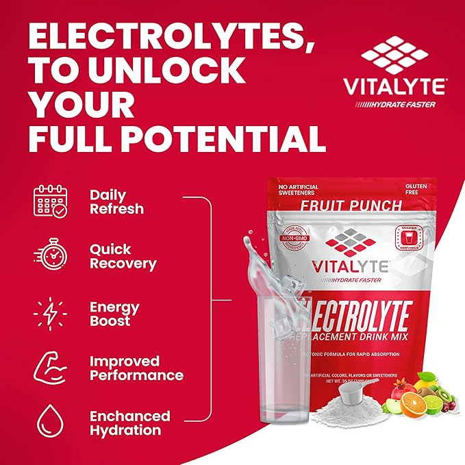 Vitalyte Electrolyte Powder Drink Mix, Isotonic Electrolyte Hydration Mix, Gluten Free Post Workout Powder Mix, Pack of 2, 35 oz. Each, Fruit Punch Flavor