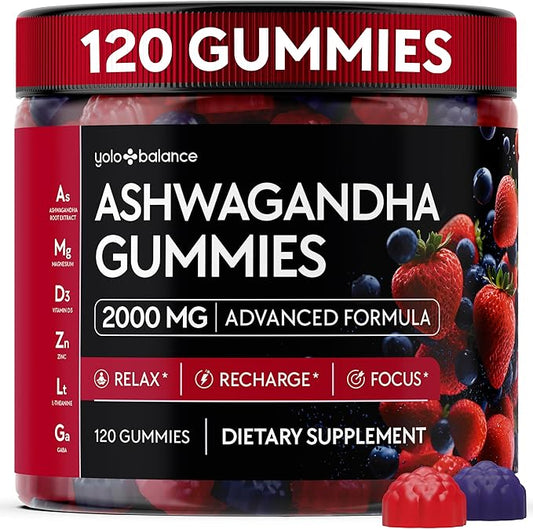 Ashwagandha Gummies – 120 Count - 2000 MG Ashwagandha Supplements with L-Theanine, GABA, Magnesium, Zinc & Vitamin D3 – Sugar-Free, Vegan, Non-GMO–Natural Support for Balance (120 Count)