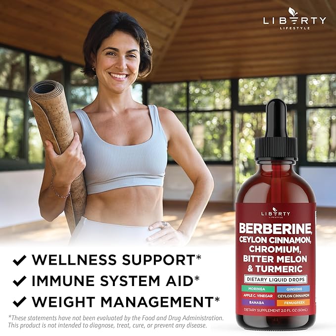 Berberine with Ceylon Cinnamon Supplement Liquid Drops + Bitter Melon Extract, Glucomannan, Gymnema, Chromium, Turmeric, Panax Ginseng, Moringa- 4 OZ