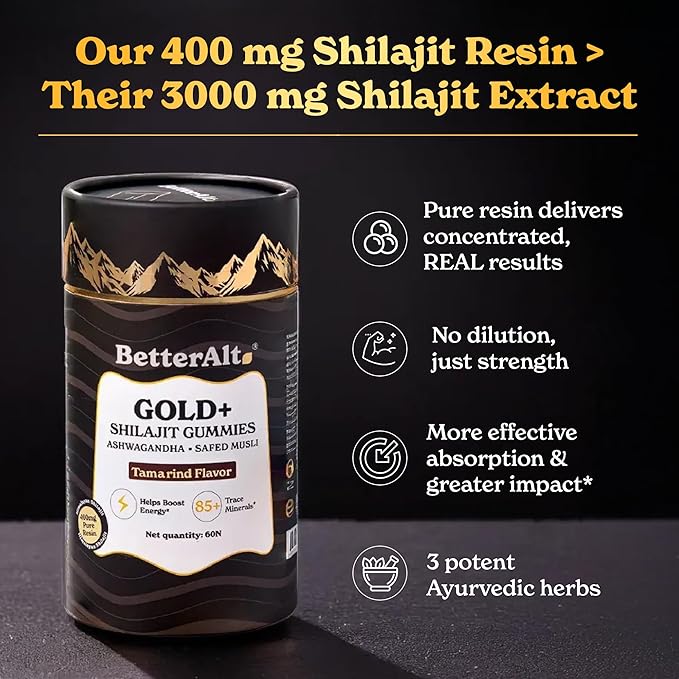 Gold+ Shilajit Gummies | with Ashwagandha, Safed Musli,Shilajit Resin & Ginger |Helps Boost Energy & Improves Stamina |1-Month Dietary Supplement|60 Gummies
