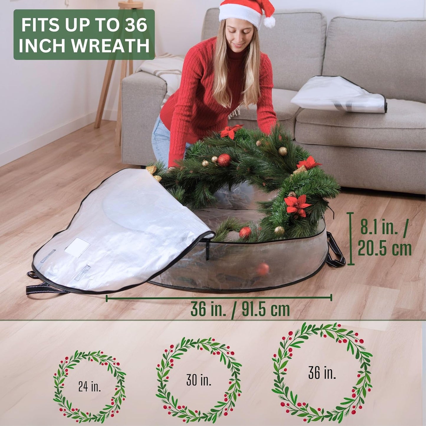 VENO 4 Pack Christmas Wreath Storage Container - 36 Inch Clear Wreath Bag, Christmas Garland and Holiday Decoration Organizers with Zipper and Durable Handles (Clear, 36"-4 Pack)