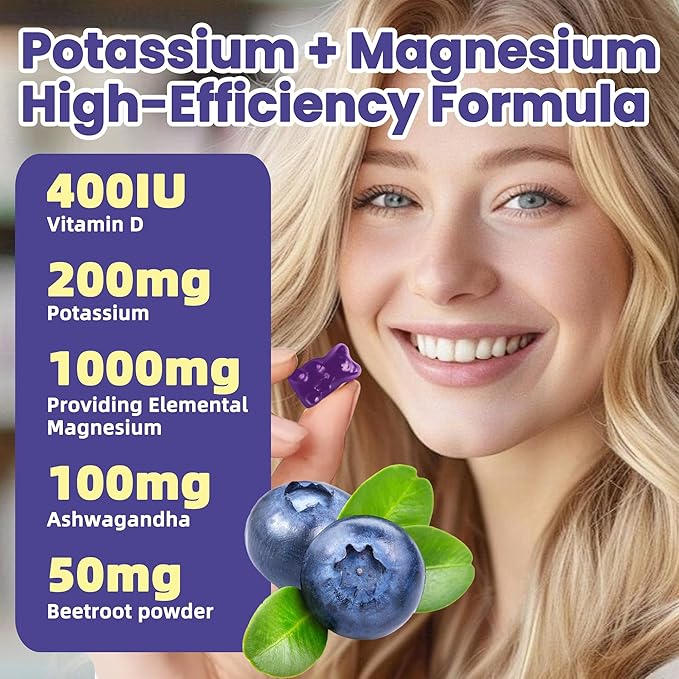 Potassium Magnesium Gummies,High Absorption Magnesium Glycinate,B6,D3,Potassium Citrate for Leg Cramps,Muscle,Electroyte for Adults Kids,Sugar-Free, 60 Gummies (Blueberry Flavor)